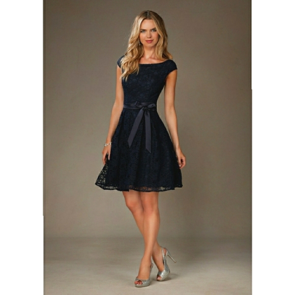 Morilee Navy Knee Length Lace Bridesmaid Dress - Picture 1 of 9